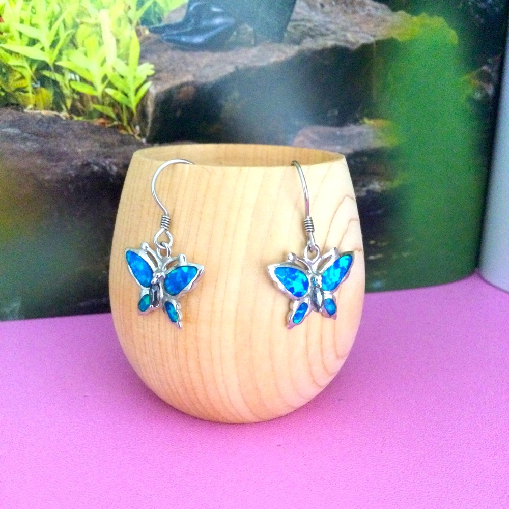 925 Silver Blue Opal inlaid Butterfly dangling Earrings